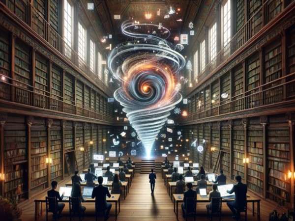 DALL·E-2023-12-18-21.48.46-Imagine-a-grand-traditional-library-with-towering-bookshelves-filled-with-volumes-of-knowledge.-In-the-heart-of-this-library-theres-a-powerful-visuafd 🔽 SYNTHETISER