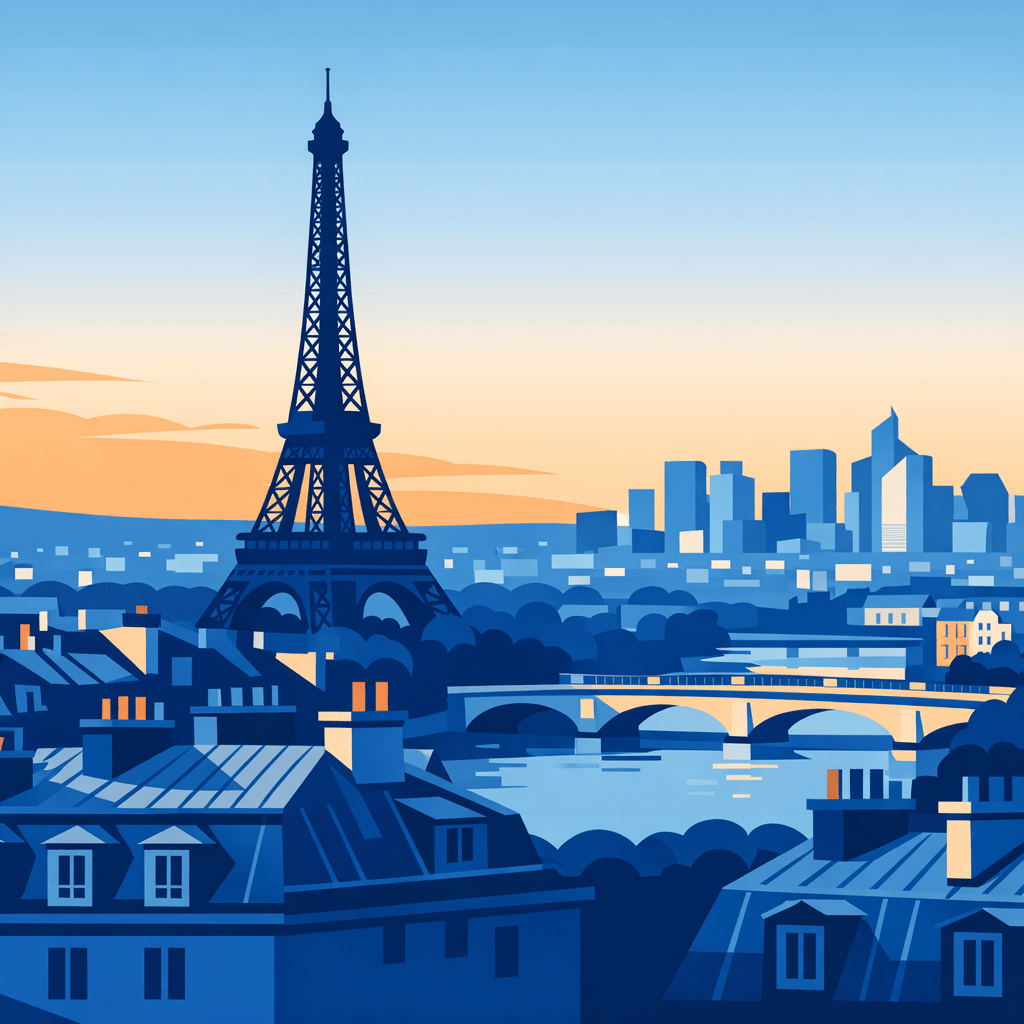 Illustration de Paris : tour Eiffel, toits haussmanniens, Seine et tours de La Défense
