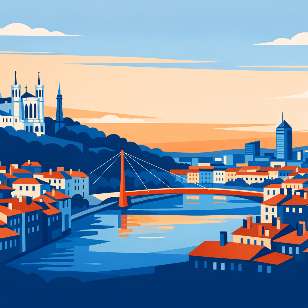 Illustration de Lyon : basilique de Fourvière, Saône, toits du Vieux Lyon et tour Part-Dieu