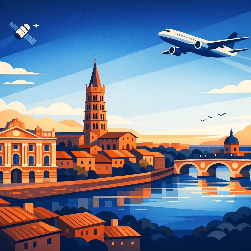 Illustration de Toulouse : Capitole, basilique Saint-Sernin, Garonne et avion de ligne