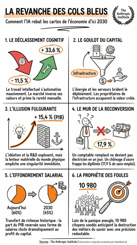 Synthèse des scénarios économiques d'Anthropic à 2030 : salaires des métiers intellectuels en baisse, métiers physiques en hausse