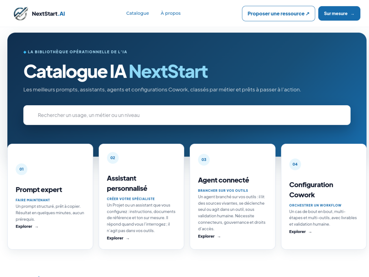 Aperçu de la page d'accueil du catalogue IA NextStart