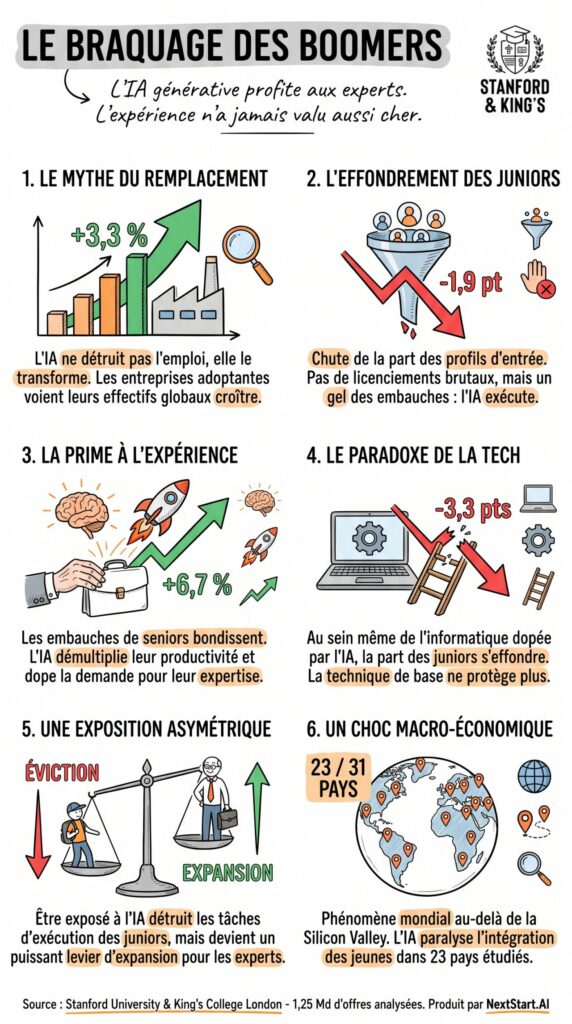 Synthèse de l'étude Stanford et King's College : l'IA générative augmente l'emploi senior et réduit la part des juniors