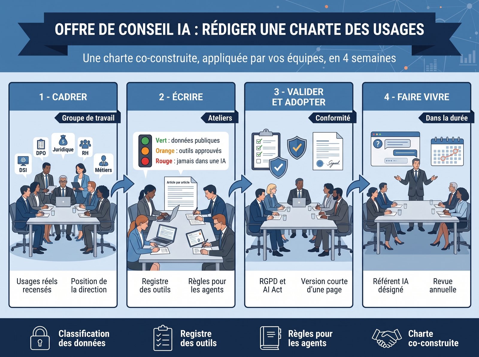 Infographic of the offer: Drafting a charter of uses: framing, writing, validating and adopting, implementing