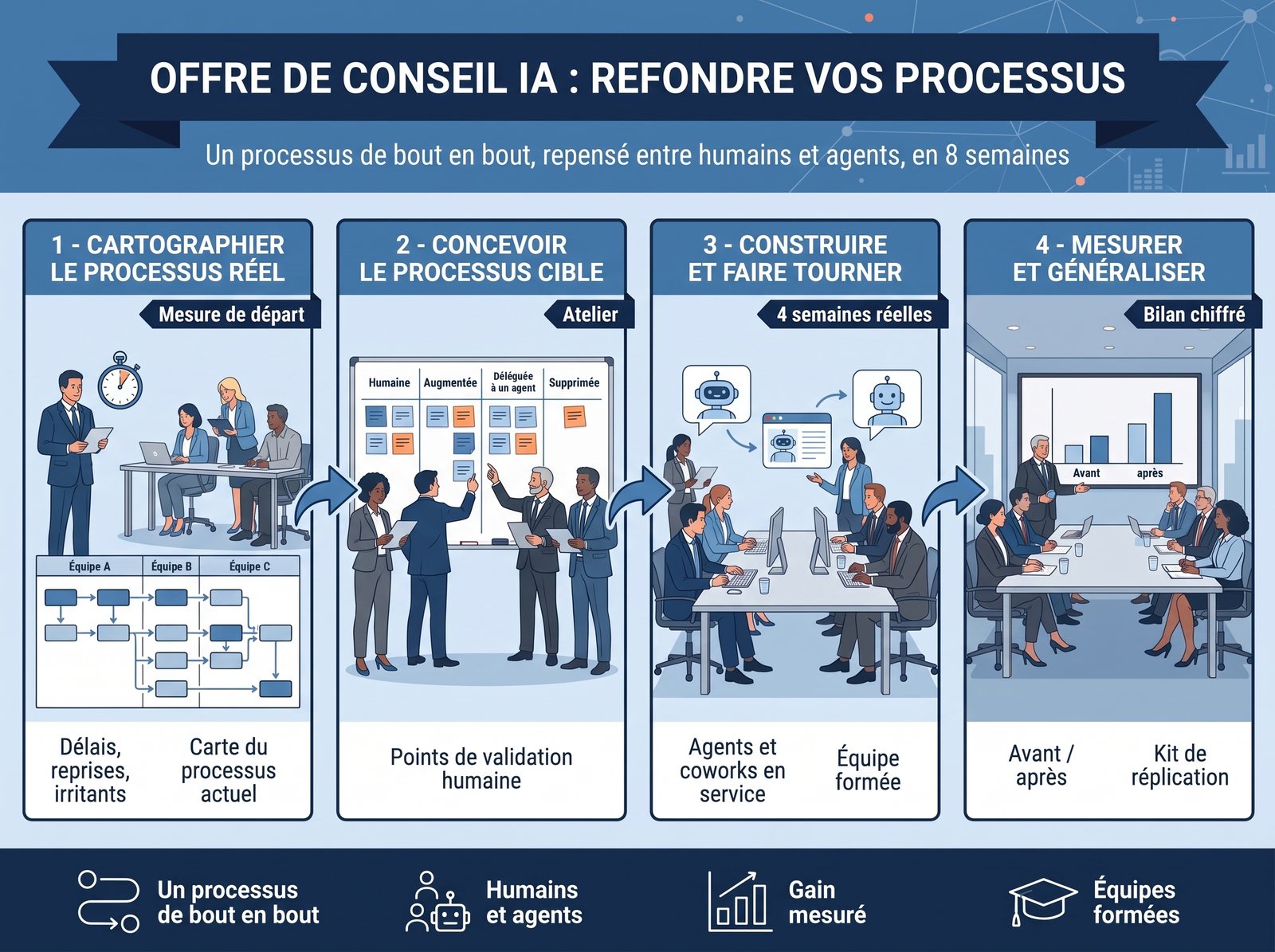Infographie de l'offre Refondre vos processus : cartographier le processus réel, concevoir le processus cible, construire et faire tourner, mesurer et généraliser