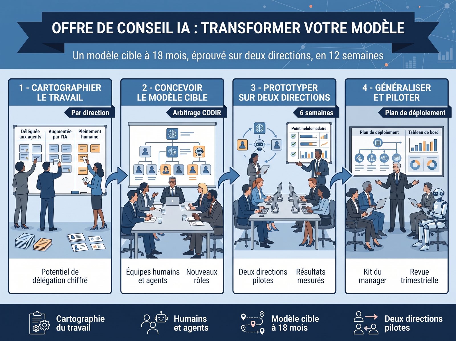 Infographie de l'offre Transformer votre modèle : cartographier le travail, concevoir le modèle cible, prototyper sur deux directions, généraliser et piloter