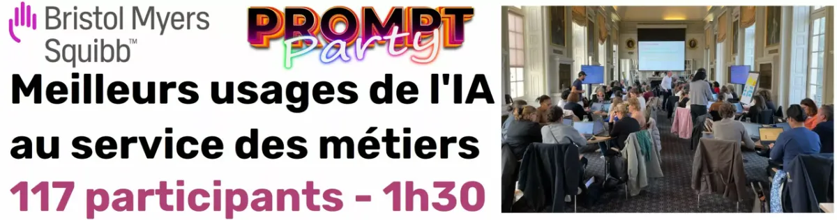 Bristol Myers Squibb, Prompt Party : 84 ateliers de 45 minutes par groupe d’une douzaine en 5 vagues, notations de 4,71 à 4,81 sur 5, usage régulier de 20 % à 72 % après 4 vagues