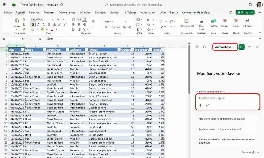 Volet Copilot ouvert dans Excel avec le mode Automatique et la zone Modifier avec Copilot