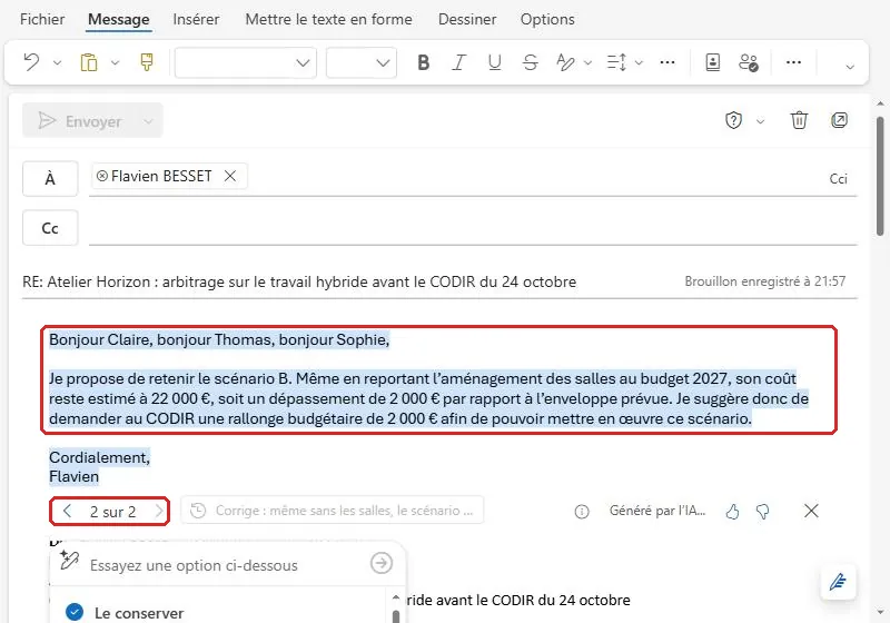 Deuxième version du brouillon Copilot dans Outlook après une consigne de correction