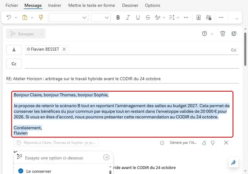Brouillon de réponse rédigé par Copilot dans Outlook à partir d'une consigne
