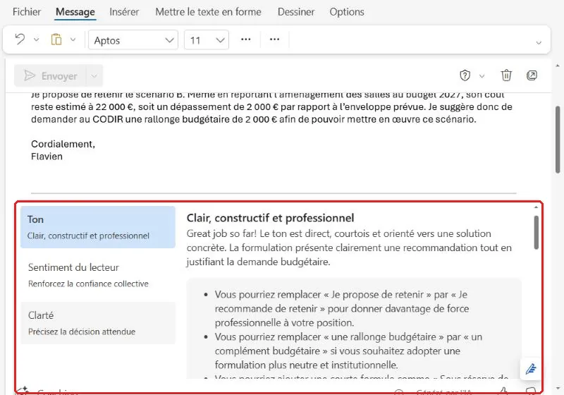 Coaching par Copilot dans Outlook : ton, sentiment du lecteur et clarté d'un brouillon