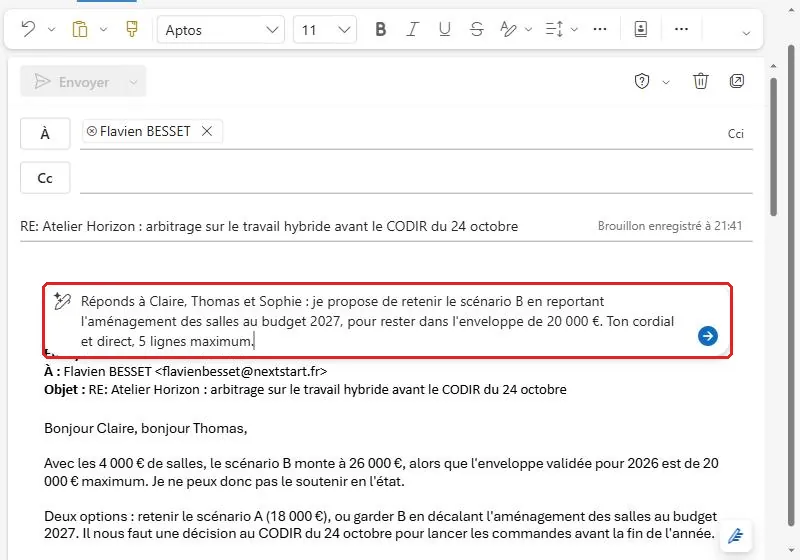 Consigne de rédaction saisie dans la zone Rédiger avec Copilot d'une réponse Outlook