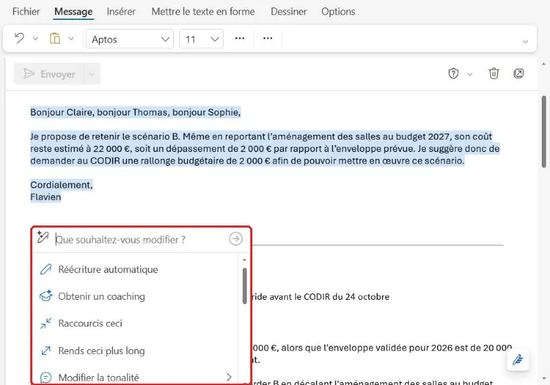 Menu Copilot d'un message Outlook : réécriture automatique, coaching, raccourcir, allonger, tonalité