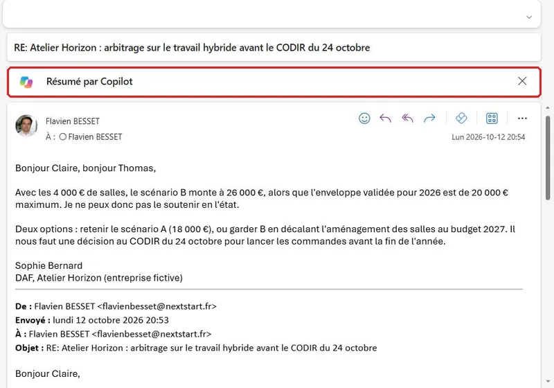 Bandeau Résumé par Copilot au-dessus d'un email ouvert dans Outlook pour le web