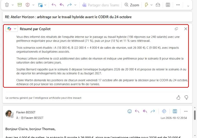 Résumé d'un fil de trois emails généré par Copilot dans Outlook