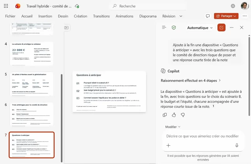 Copilot ajoute une diapositive Questions à anticiper à la fin d'une présentation PowerPoint