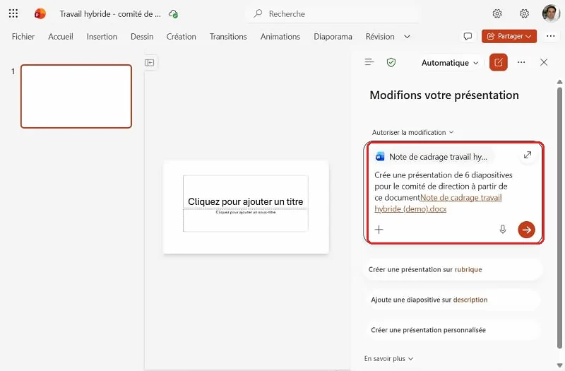 Consigne Copilot dans PowerPoint avec une note Word jointe pour créer une présentation