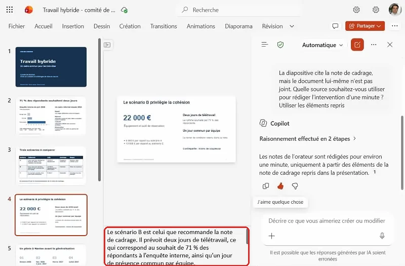 Notes de l'orateur rédigées par Copilot sous une diapositive PowerPoint