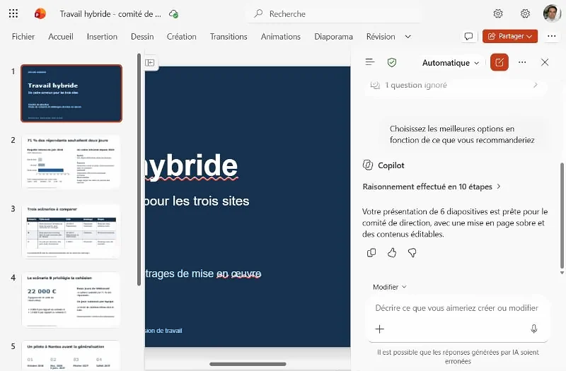Présentation de 6 diapositives générée par Copilot dans PowerPoint à partir d'une note Word
