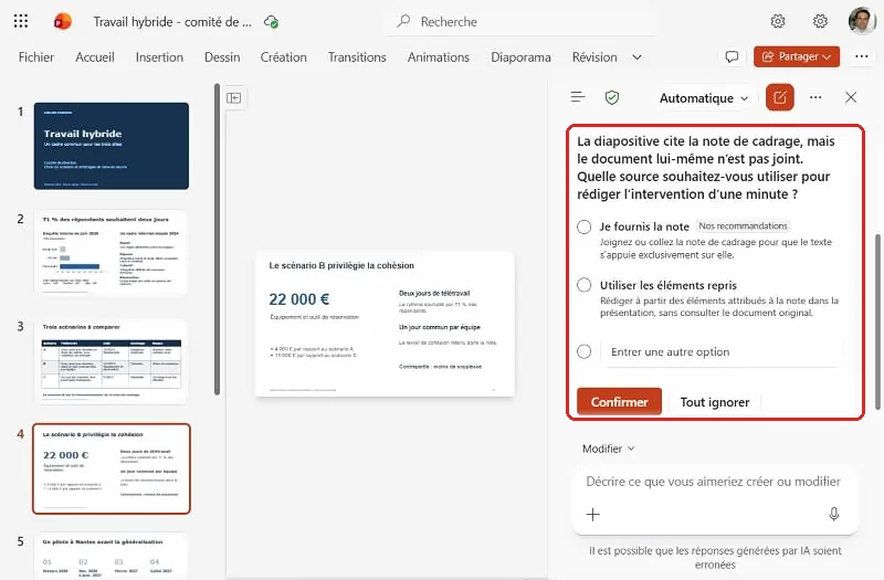 Copilot demande quelle source utiliser avant de rédiger des notes de l'orateur dans PowerPoint
