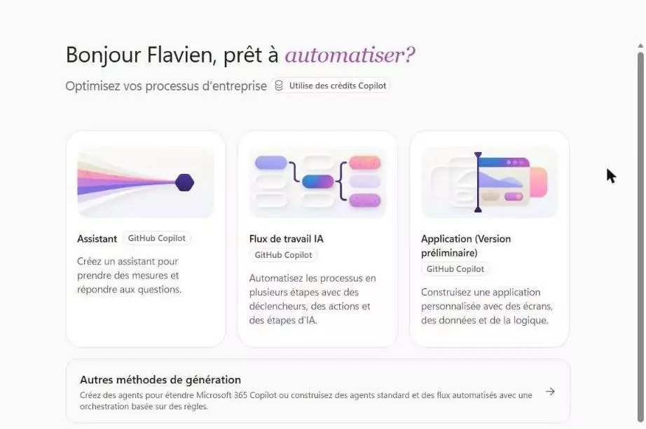 Accueil de Copilot Studio en octobre 2026 : tuiles Assistant, Flux de travail IA et Application marquées GitHub Copilot, et lien Autres méthodes de génération