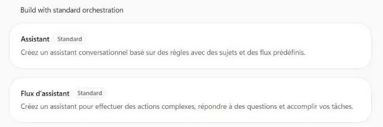 Écran Autres méthodes de génération de Copilot Studio : rubrique Build with standard orchestration avec les choix Assistant Standard et Flux d'assistant Standard