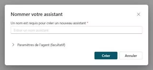 Fenêtre Nommer votre assistant de Copilot Studio avec le champ du nom, les paramètres facultatifs et le bouton Créer