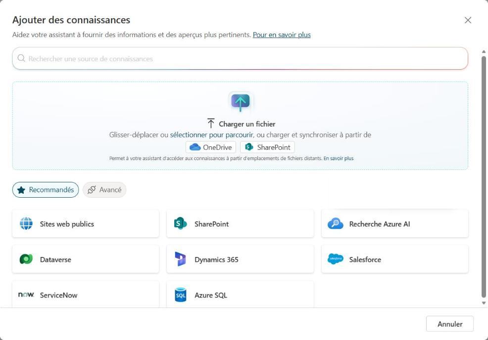 Fenêtre Ajouter des connaissances de Copilot Studio : chargement de fichier, OneDrive, SharePoint, sites web publics, Dataverse et autres sources