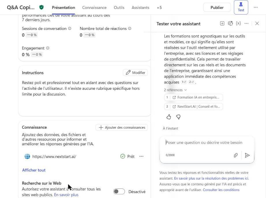 Volet Tester votre assistant dans Copilot Studio : réponse de l'agent avec deux références vers les pages sources