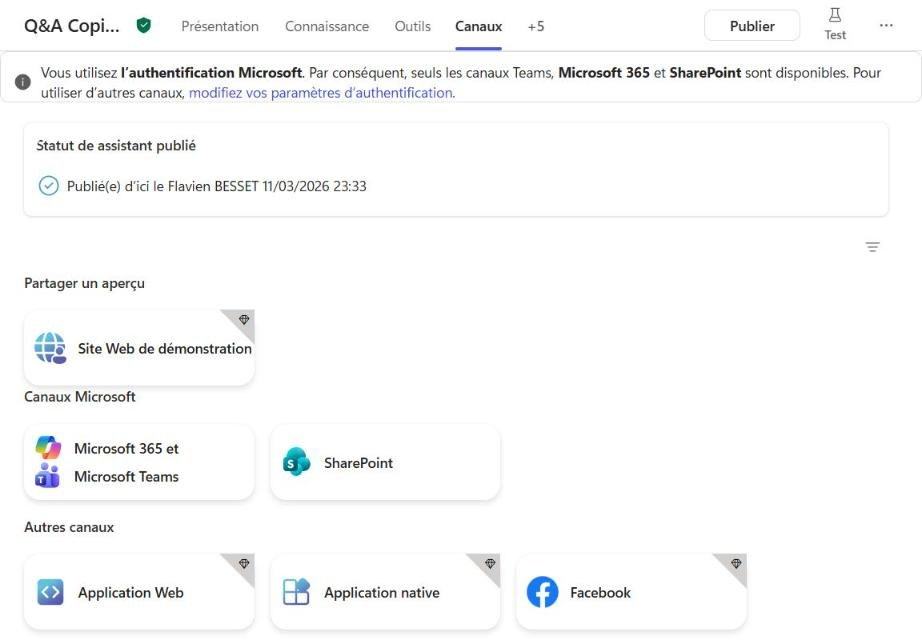 Onglet Canaux de Copilot Studio : site web de démonstration, Microsoft 365 et Microsoft Teams, SharePoint et autres canaux