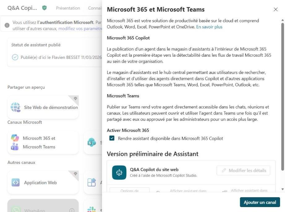 Panneau Microsoft 365 et Microsoft Teams de Copilot Studio avec l'option Rendre assistant disponible dans Microsoft 365 Copilot et le bouton Ajouter un canal