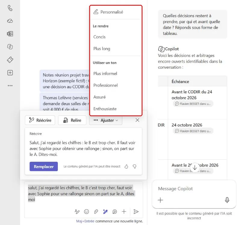 Menu Ajuster de Copilot dans Teams : personnalisé, concis, plus long et quatre tons
