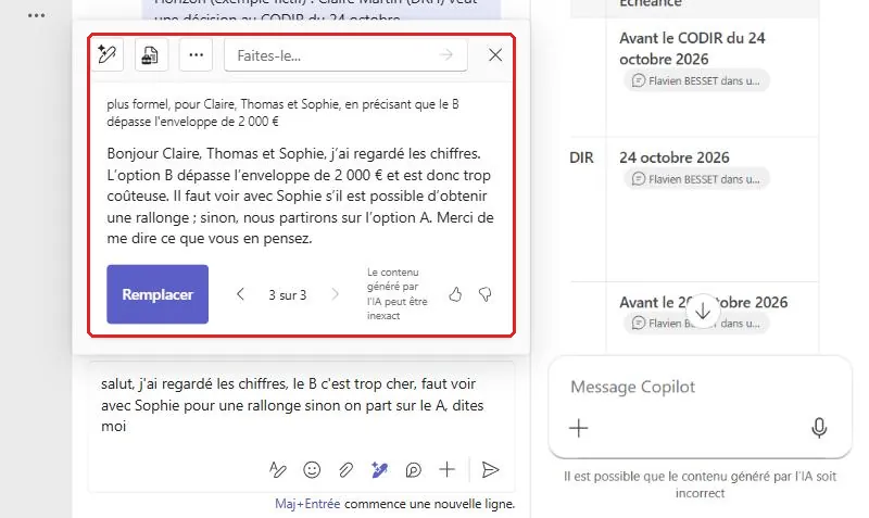 Message Teams réécrit par Copilot à partir d'une consigne personnalisée