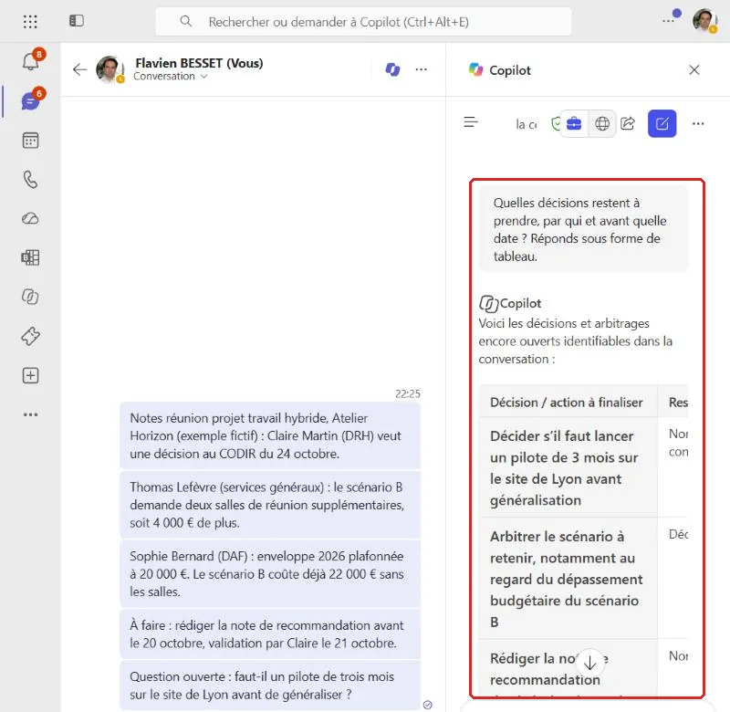 Tableau des décisions restant à prendre produit par Copilot à partir d'une conversation Teams