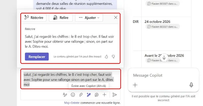 Fonction Réécrire de Copilot appliquée à un message Teams en cours de rédaction