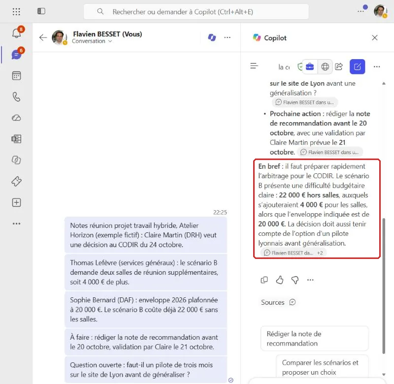 Paragraphe En bref de la synthèse Copilot dans Teams, avec le calcul du dépassement budgétaire