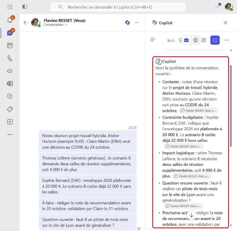 Synthèse d'une conversation Teams rédigée par Copilot, avec ses citations