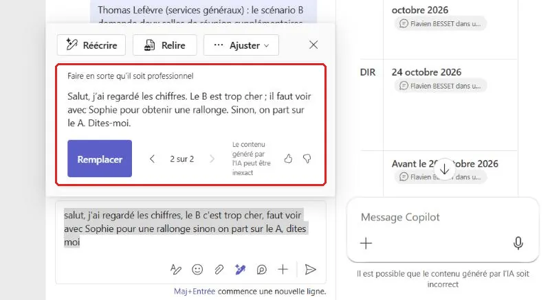 Version au ton professionnel proposée par Copilot dans Teams, presque identique au message de départ