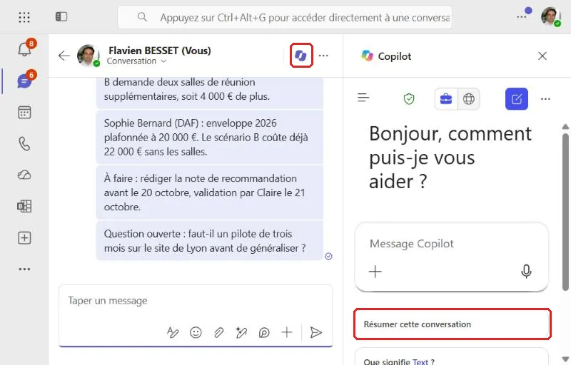 Volet Copilot ouvert à droite d'une conversation Teams avec la suggestion Résumer cette conversation