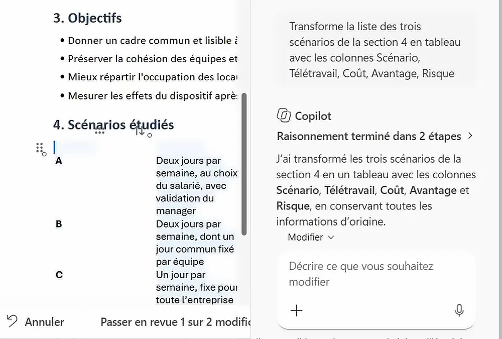 Copilot transforme une liste de scénarios en tableau à cinq colonnes dans Word