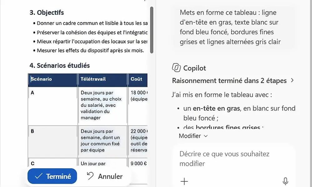 Copilot met en forme un tableau Word avec en-tête bleu foncé, bordures grises et lignes alternées