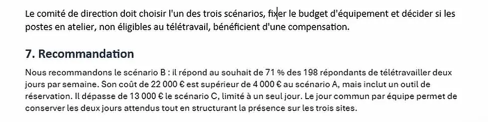 Section Recommandation rédigée par Copilot dans Word à partir des chiffres de la note