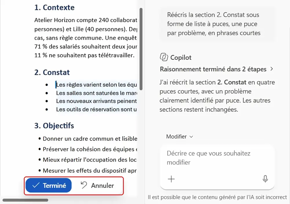 Copilot réécrit une section de document Word en liste à puces, avec les boutons Terminé et Annuler