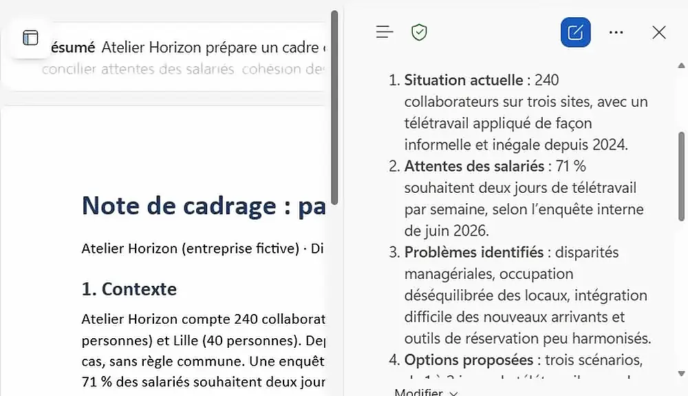 Résumé en 5 points d'une note de cadrage généré par Copilot dans Word
