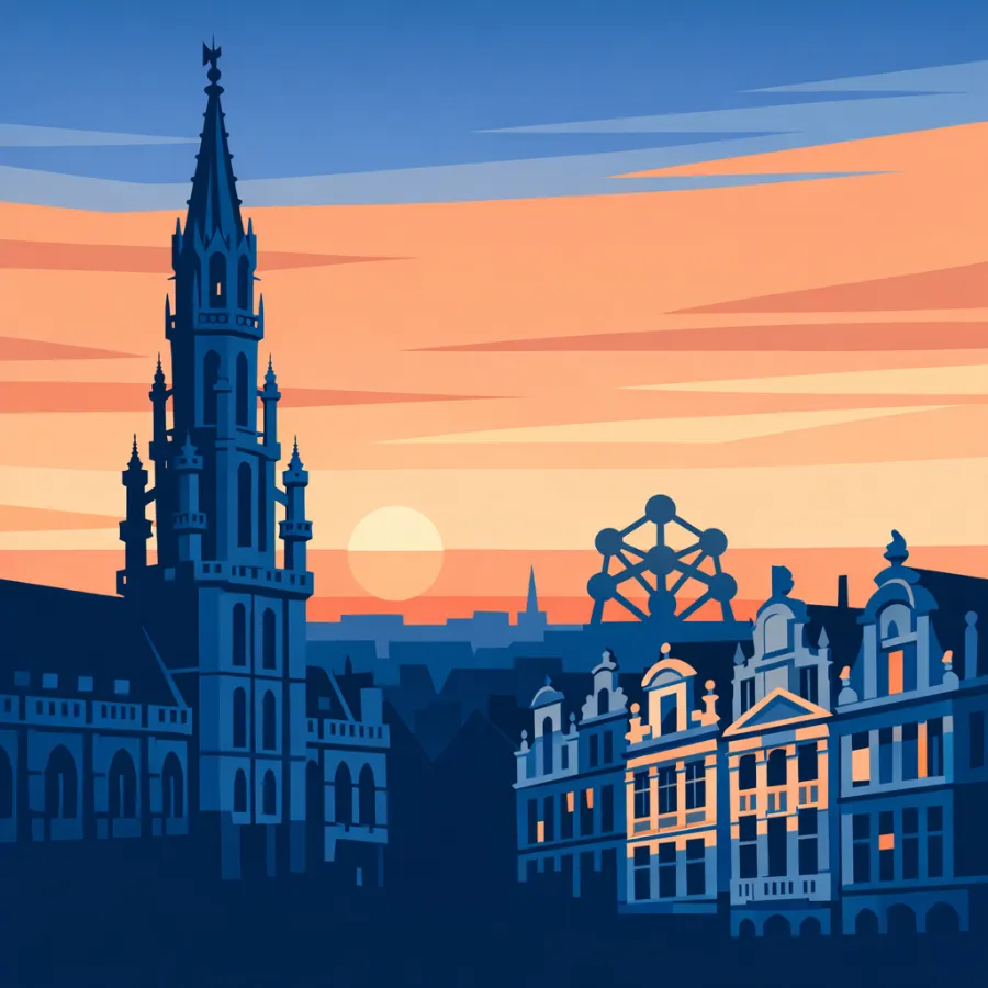 Illustration de Bruxelles : la Grand-Place, la tour de l’hôtel de ville et l’Atomium à l’horizon