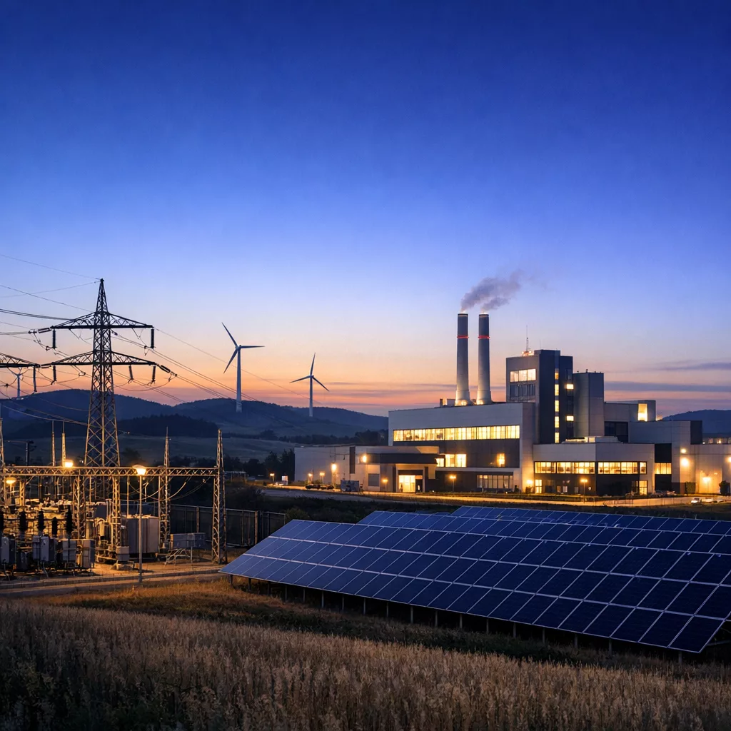 Site industriel, éoliennes, panneaux solaires et poste électrique au crépuscule, illustration de la formation IA pour l'industrie et l'énergie