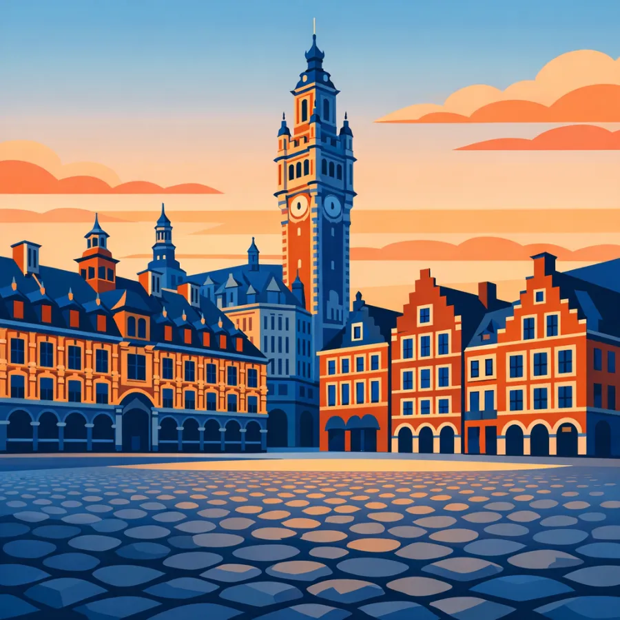 Illustration de Lille : la Grand-Place, la Vieille Bourse et le beffroi de la Chambre de commerce