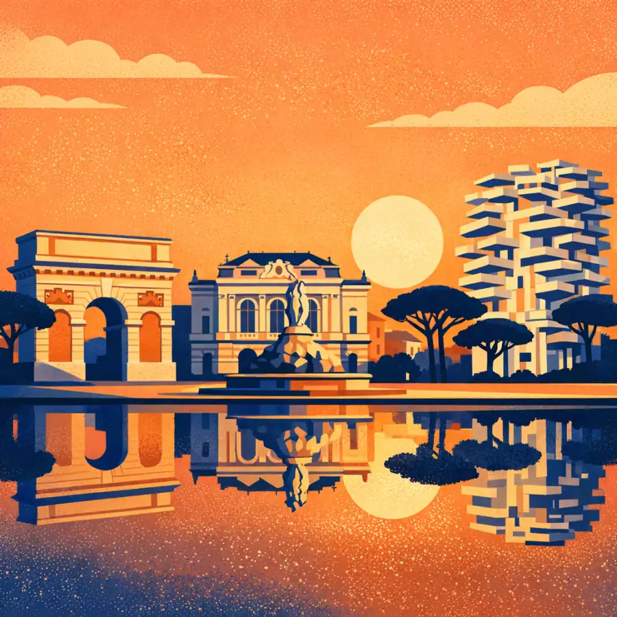 Illustration de Montpellier : l’Arc de triomphe du Peyrou, l’Opéra Comédie, la fontaine des Trois Grâces et l’Arbre Blanc au coucher du soleil
