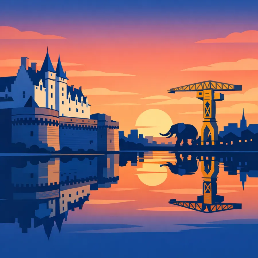 Illustration de Nantes : le château des ducs de Bretagne, la Loire et la grue Titan de l’île de Nantes