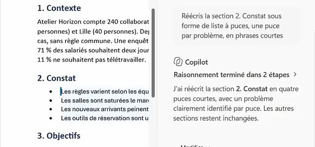 Copilot réécrit une section de document en liste à puces dans Word